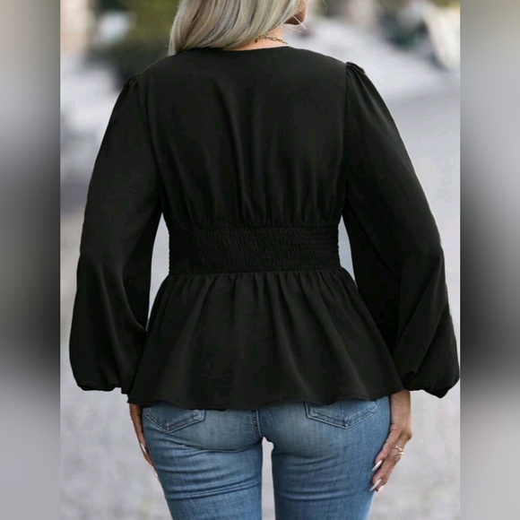 NEW Chic Ruched Waist Lantern Sleeve Peplum Top Blouse Plus Black - Picture 3 of 7